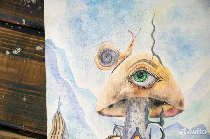 Картина акварелью Лесной пейзаж с грибом