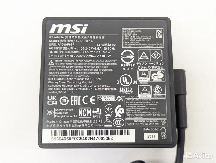 Блок питания A21-100P1A MSI 20V 5A 100W Type-C