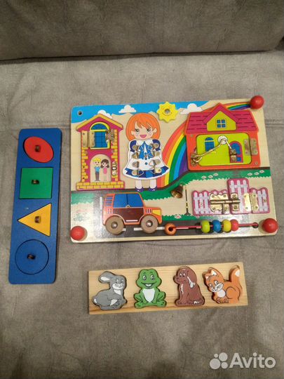 Деревянные сортеры и бизиборд пакетом