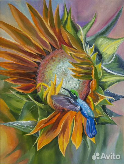 Картина маслом интерьерная Подсолнух с птичкой