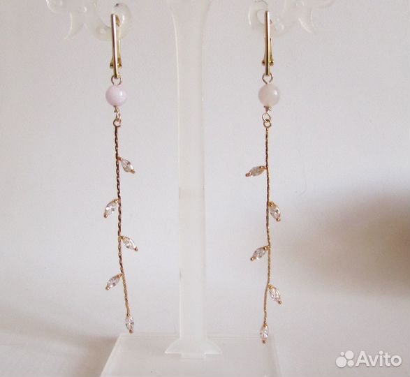 Серьги Веточки с Розовым Кварцем