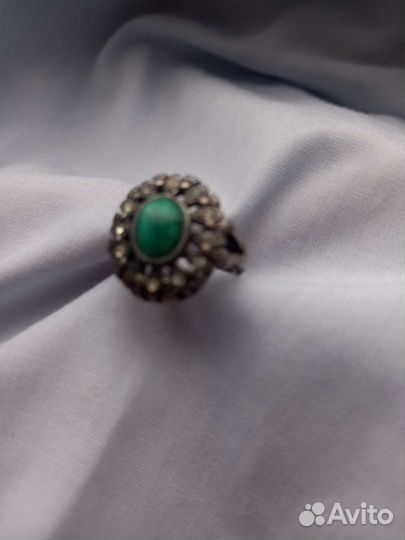 Кольцо серебро малахит перстень СССР брошь янтарь