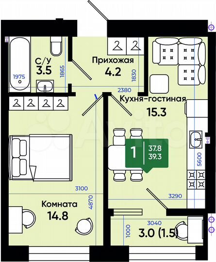 1-к. квартира, 40,1 м², 3/3 эт.