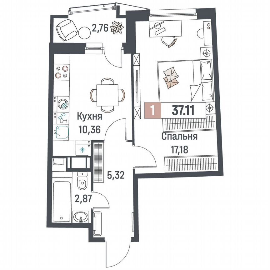 1-к. квартира, 37,1 м², 7/18 эт.