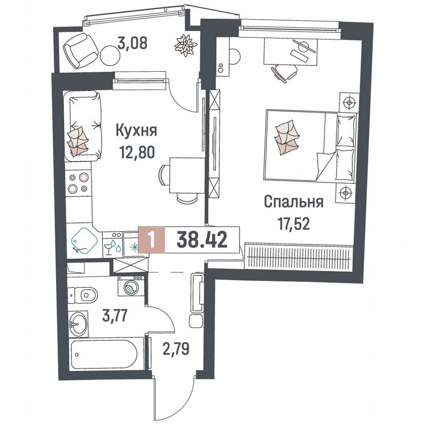 1-к. квартира, 38,4 м², 2/18 эт.