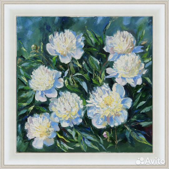 Картина маслом. Хоровод белых пионов