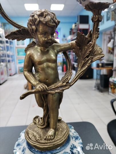 Подсвечник с ангелом бронза с фарфором. G&G
