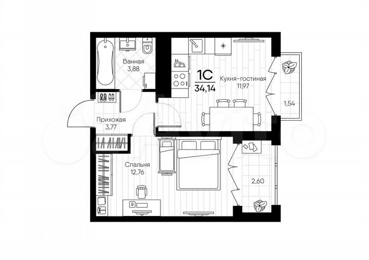 1-к. квартира, 34,1 м², 8/18 эт.