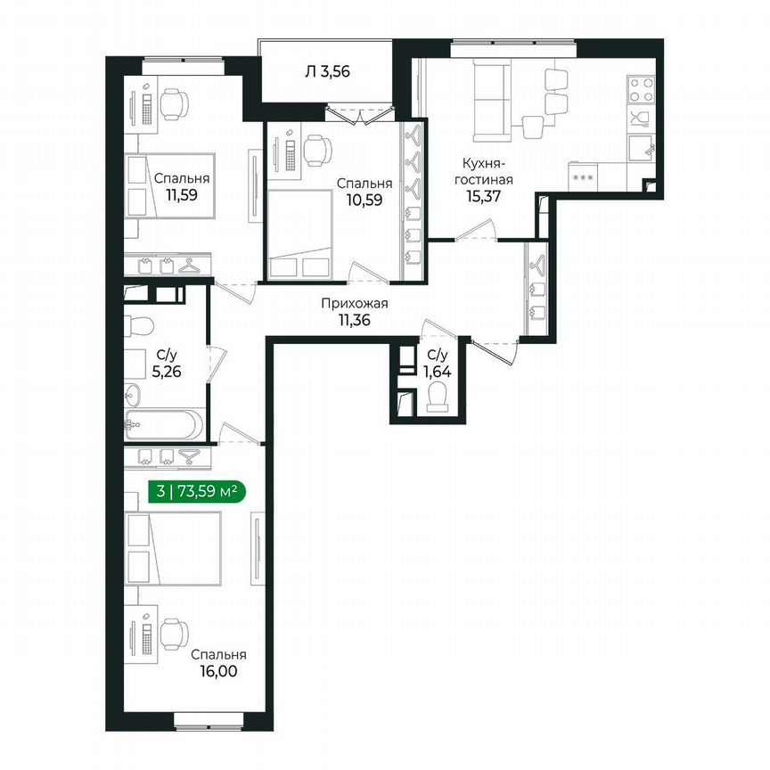 3-к. квартира, 73,6 м², 2/8 эт.