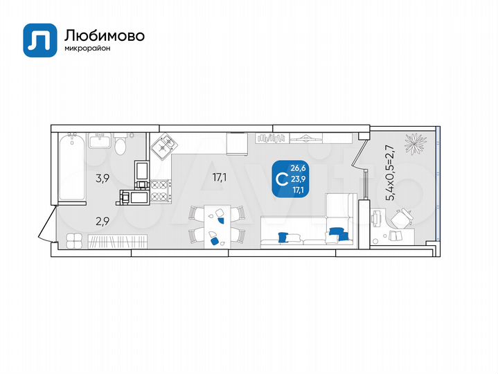 Квартира-студия, 26,6 м², 5/24 эт.