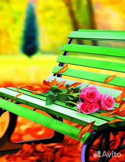 Алмазная мозаика 40x50 Красные розы на лавочке в о