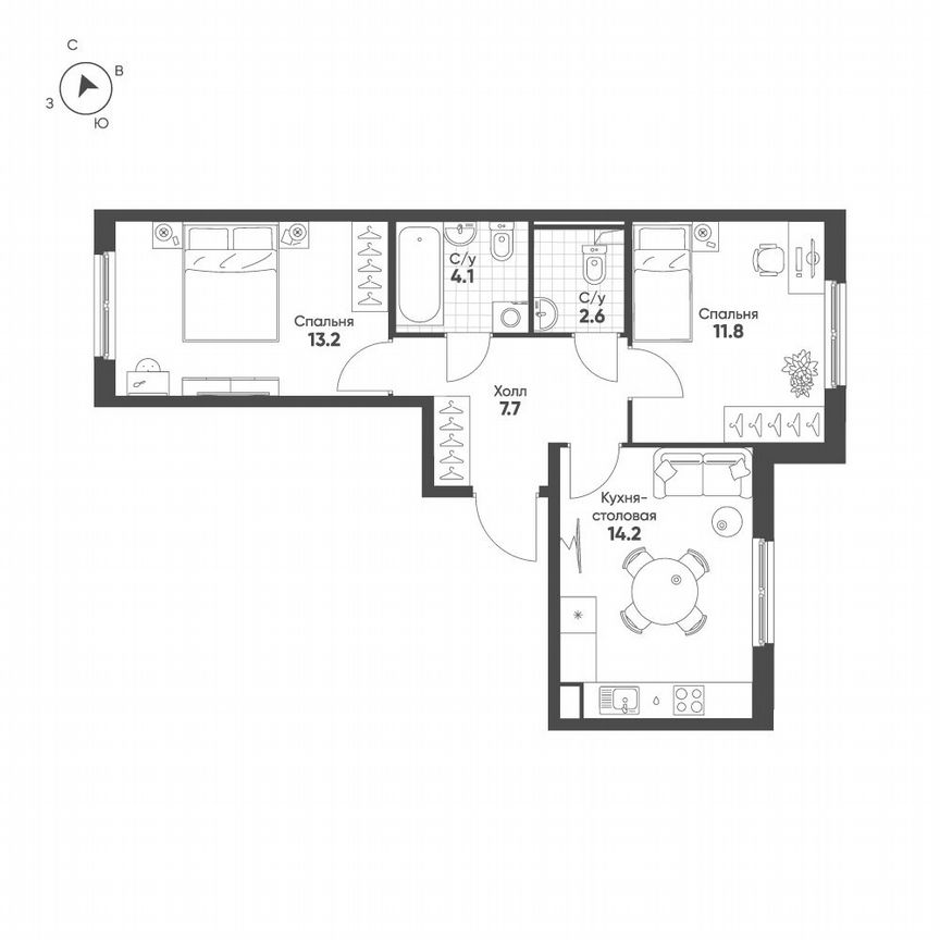 2-к. квартира, 53,6 м², 2/12 эт.