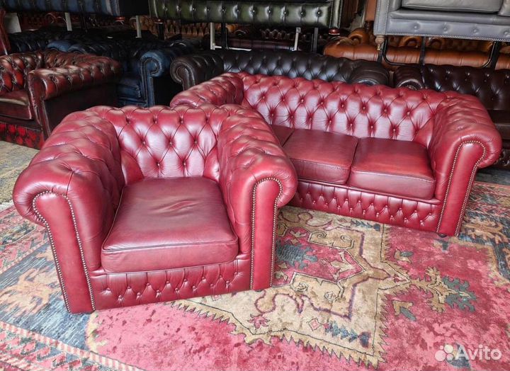 Диваны Честер и кресло в настоящей коже