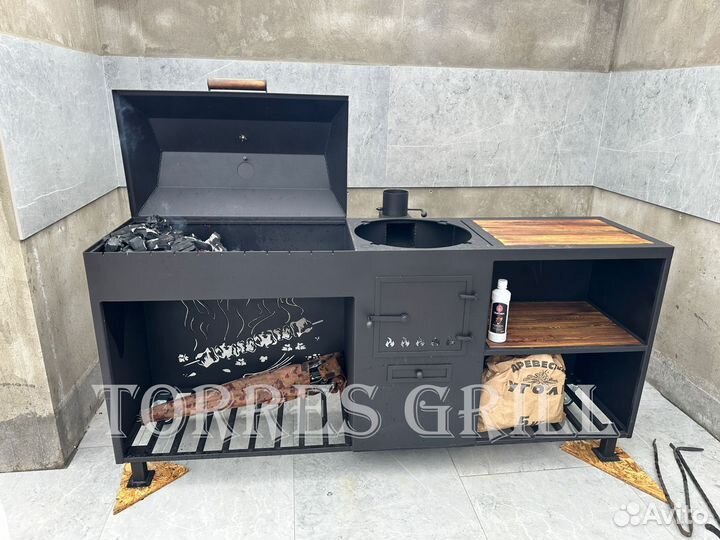 Мангал с печкой под казан и коптильней