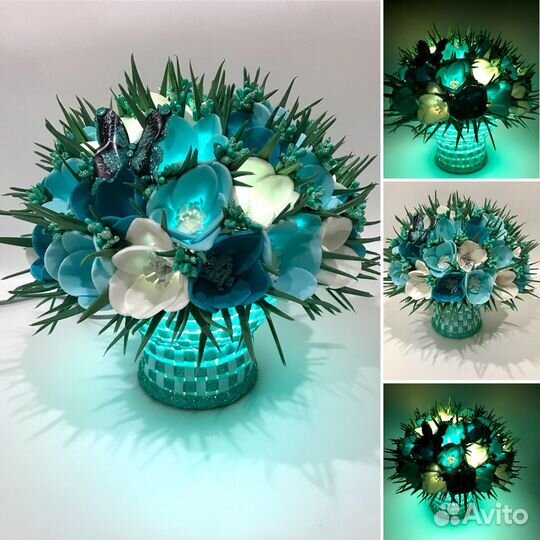 Цветы с подсветкой в корзине и в коробках(крокусы)