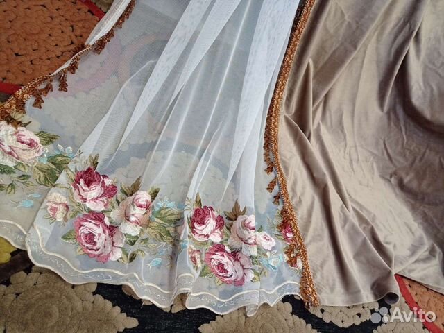 Комплект со стеклярусом.Штора бархатная/тюль новые