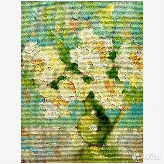 Картина маслом белые розы цветы в вазе