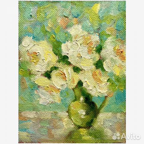 Картина маслом белые розы цветы в вазе