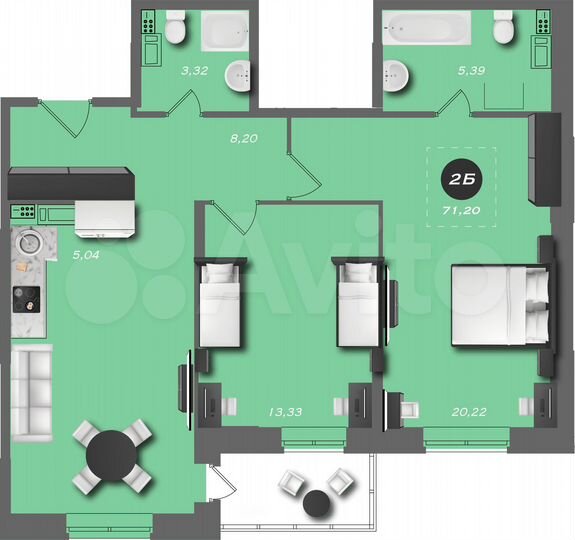 2-к. квартира, 71,2 м², 10/22 эт.