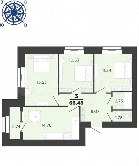 3-к. квартира, 66,5 м², 15/16 эт.