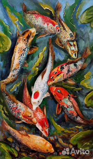 Карпы кои рыбки море озеро Картина масло холст