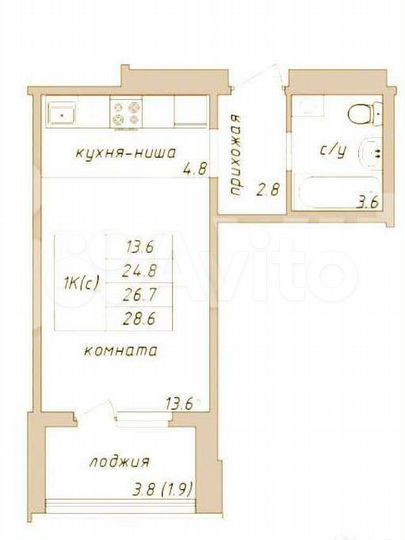Квартира-студия, 28,7 м², 2/17 эт.