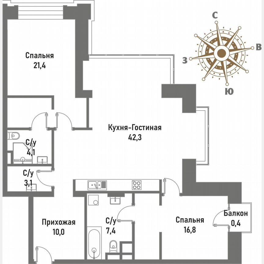 2-к. квартира, 103,6 м², 4/15 эт.