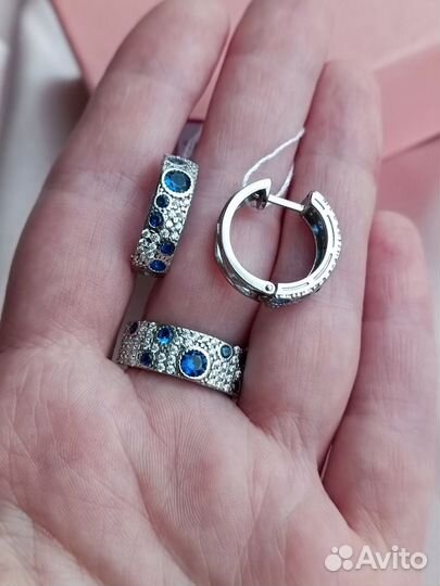 Серебряные серьги и кольцо с наносапфиром