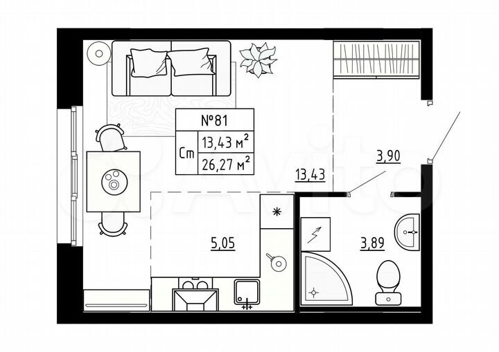 Квартира-студия, 26,3 м², 1/4 эт.
