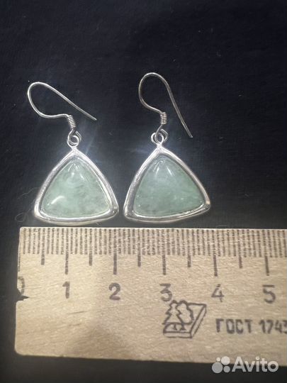 Серьги и кулон в серебре с нефритом бу