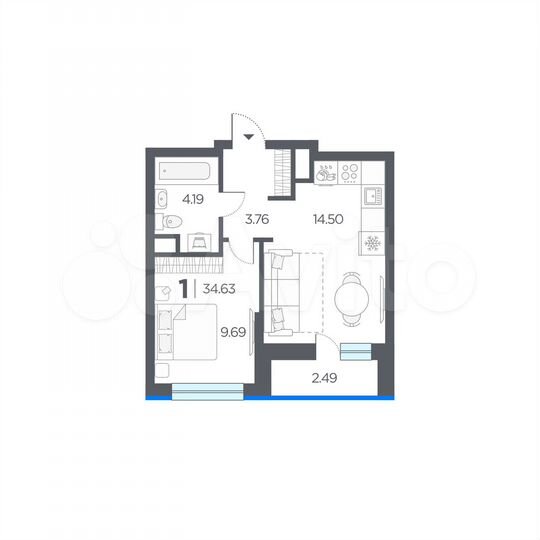 2-к. квартира, 34,6 м², 4/18 эт.