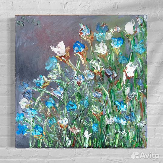 Картина интерьерная текстурная, маслом «Ирисы«