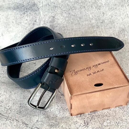 Ремень темно-синий из натуральной кожи Буйвола