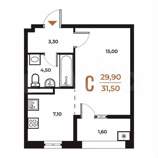 1-к. квартира, 31,5 м², 3/8 эт.