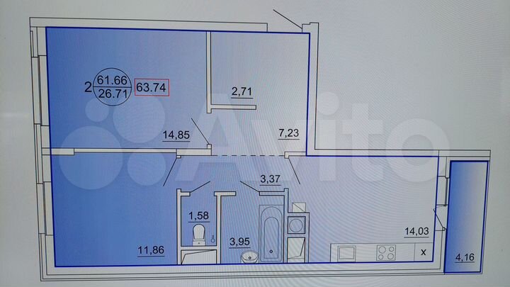 2-к. квартира, 68 м², 6/12 эт.