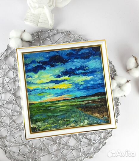 Пейзаж в синих тонах. Небольшая картина 20х20см