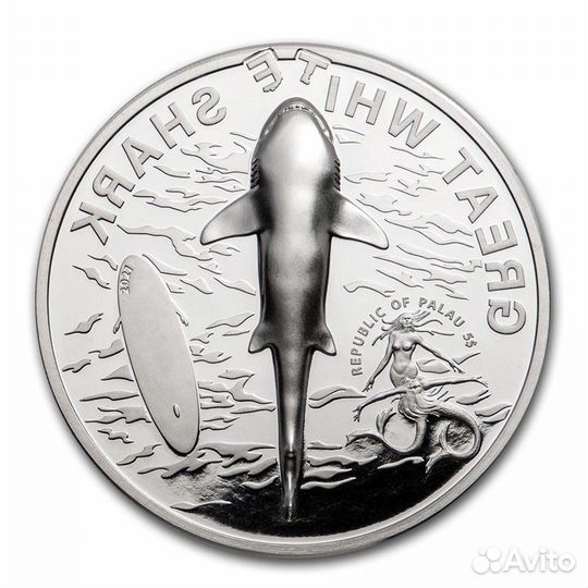 Монета серебро белая акула 5 долларов Палау 2021