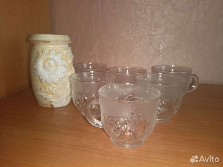 Кружки стеклянные 6 шт с подставкой для ложек