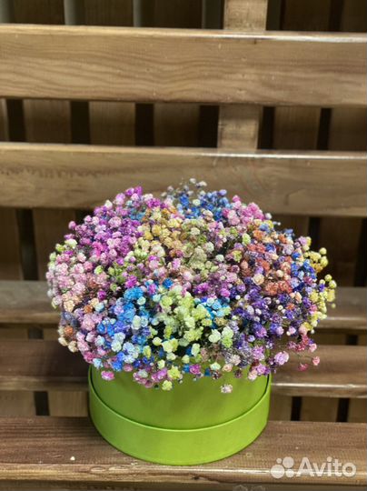 Коробка с радужной гипсофилой