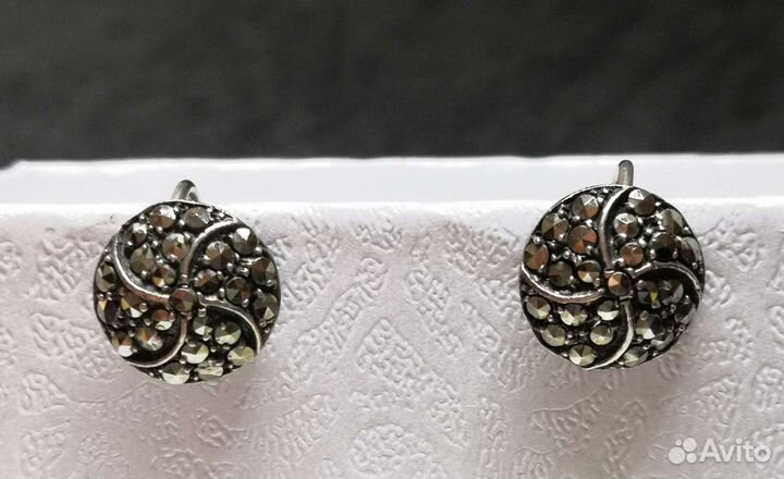 Стильные серьги, марказиты, серебро, Англия, 70е