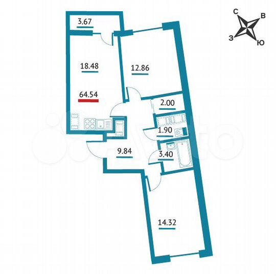 2-к. квартира, 64,5 м², 14/22 эт.