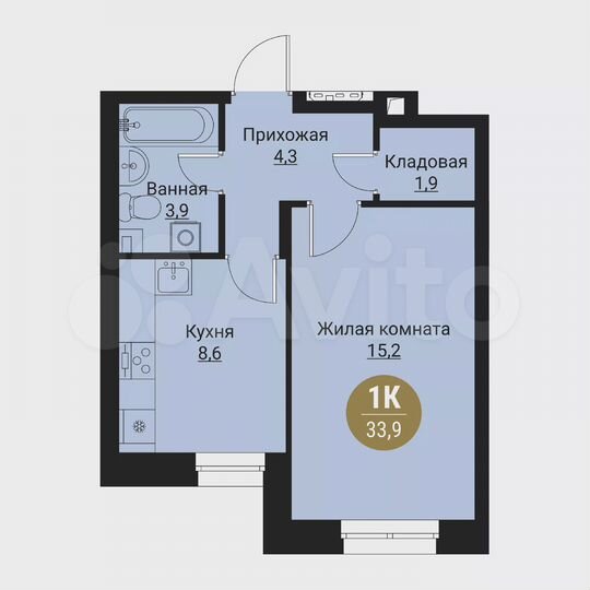 1-к. квартира, 33,9 м², 1/6 эт.