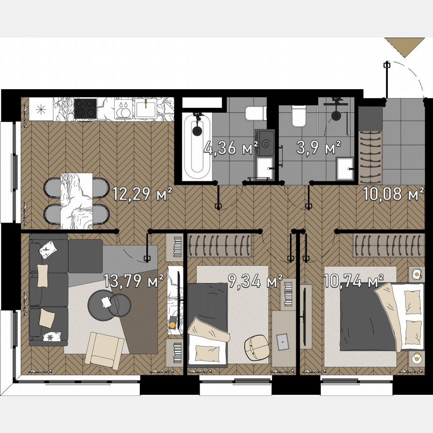 3-к. апартаменты, 66,9 м², 5/23 эт.