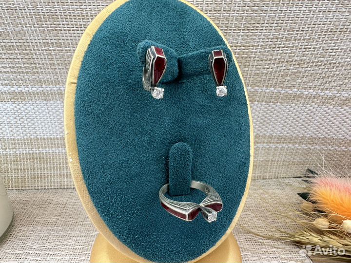 Серьги и кольцо фианиты эмали чернение мельхиор