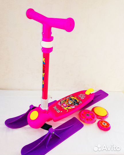 Самокат-снегокат 3-колесный(3 лыжи) розовый, синий