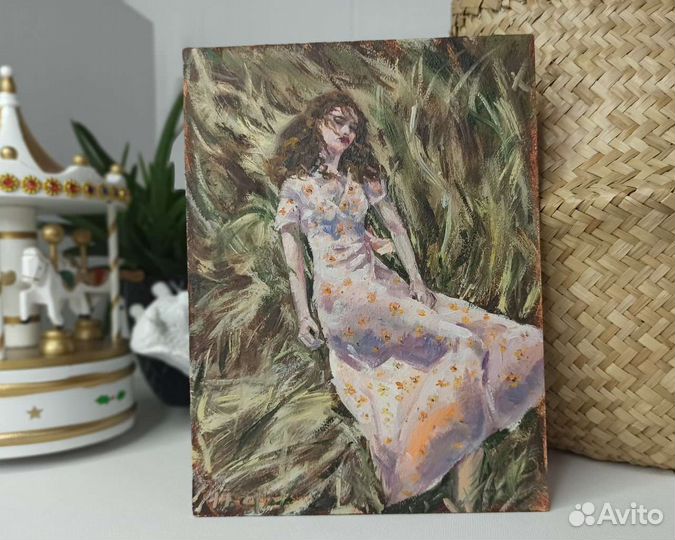 Картина маслом девушка в поле, этюд маслом