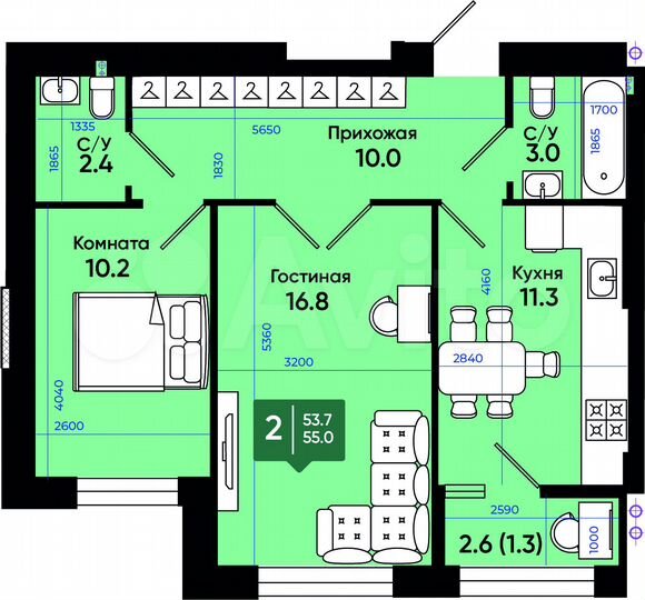 2-к. квартира, 55 м², 1/3 эт.