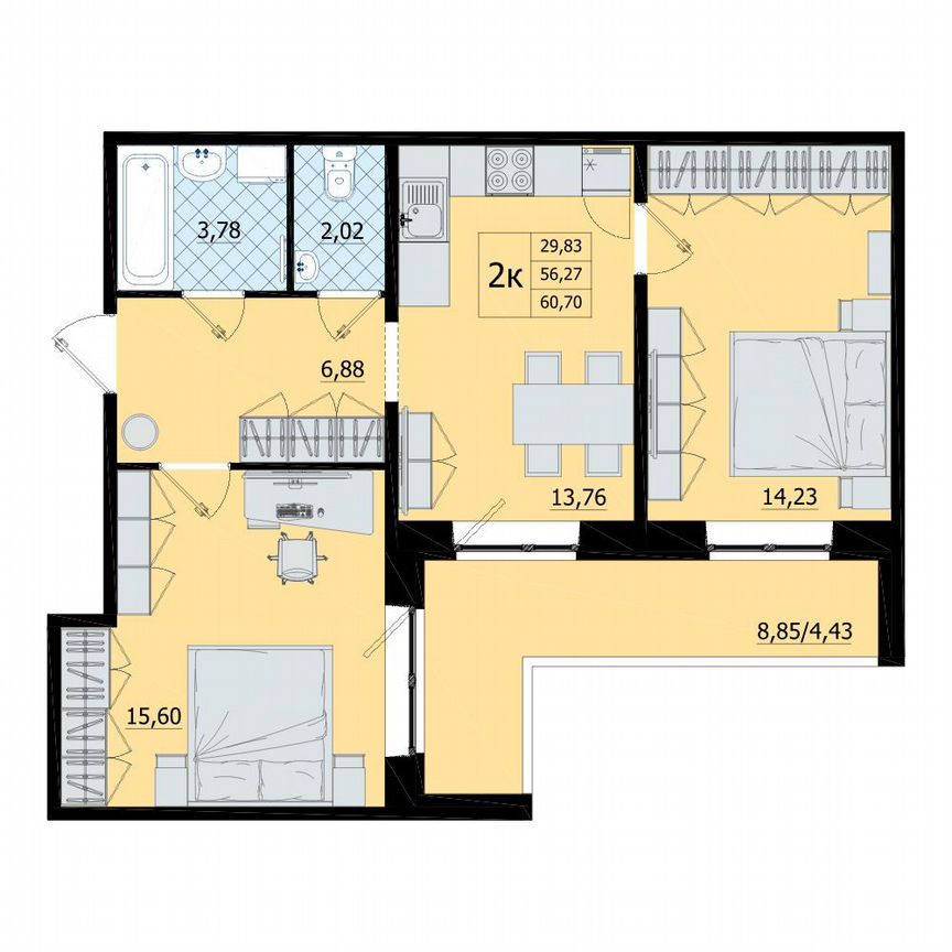 2-к. квартира, 60,7 м², 7/9 эт.
