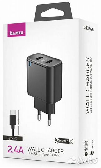 Сзу Olmio USBx2, 2.4A, Smart IC, +Type-C кабель