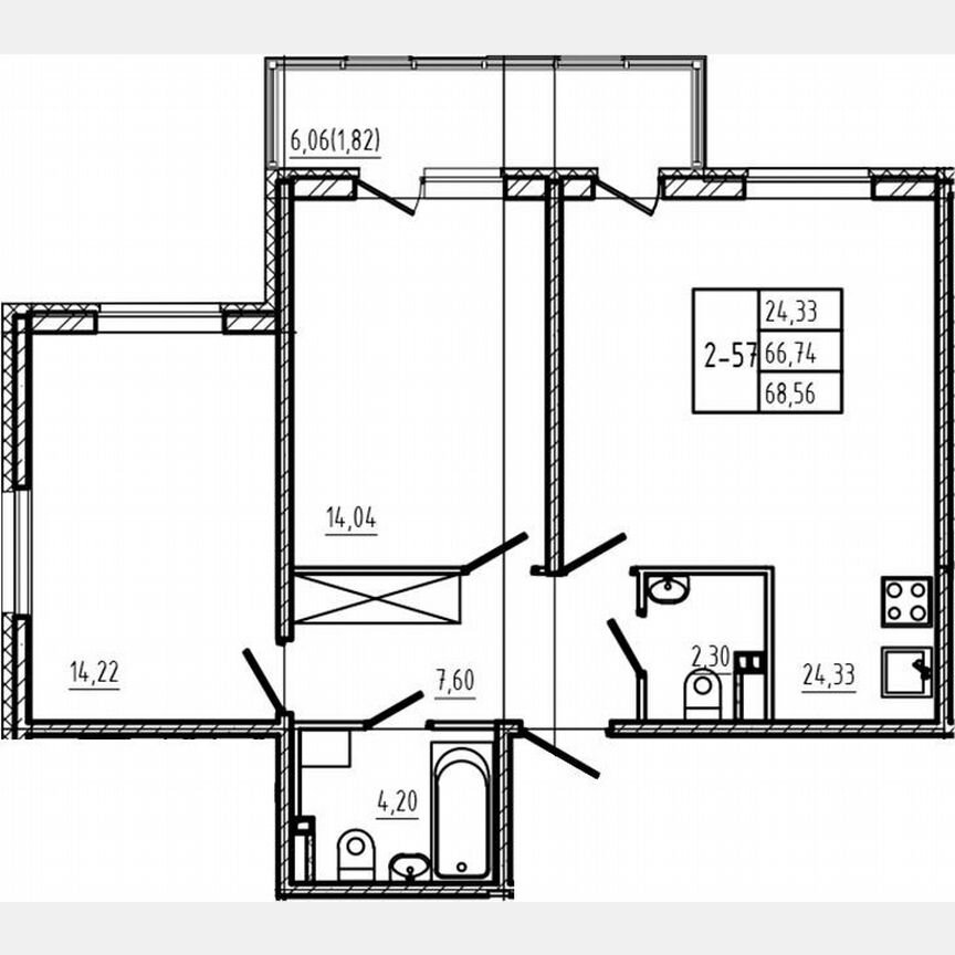 2-к. квартира, 66,7 м², 2/4 эт.